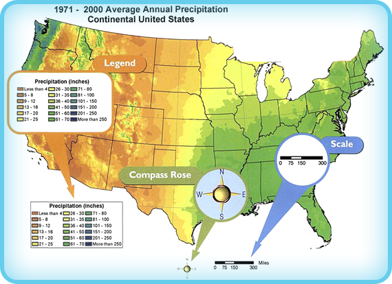 This climate map shows the average annual precipitation in the continental United States. On this map you can see examples of a legend, a compass rose, and a scale.