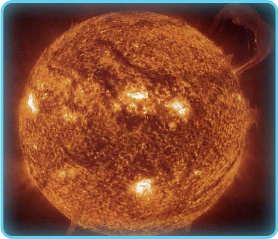 The Sun, shown here, creates a huge amount of light and heat. Even though it is 93 million miles (150,000,000 km) away from Earth, it still provides enough light and heat to make life possible on Earth. 